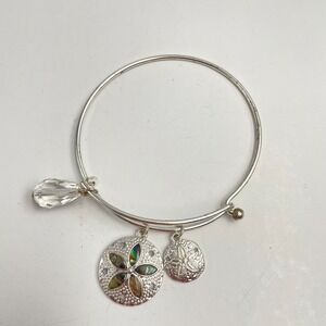 Vintage 90s Silver Tone Sand Dollar Bangle Bracelet Glass Charm Inlay Beach Boho